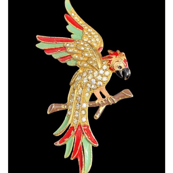 Estate Jewelry - Vintage Parrot Brooch Gold Tone Red Green Enamel Whimsical Animalcore